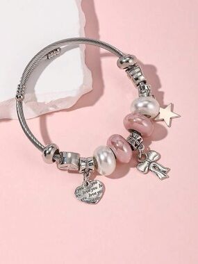 NEW Silver Charm Bangle Bracelet | Pink Pearl Star Bow Luxury Style